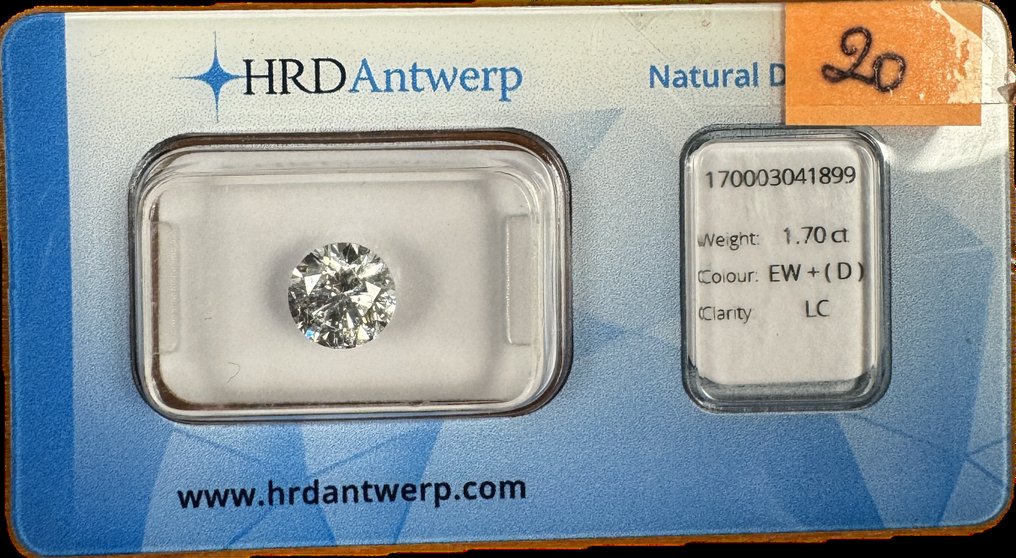 1 pcs Diamant  (Natuurlijk)  - 1.70 ct - Rond - D (kleurloos) - IF - HRD Antwerp #1.1