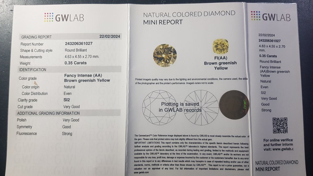 沒有保留價 - 1 pcs 鑽石  (天然彩色)  - 0.35 ct - Fancy intense 淡綠色, 褐色 黃色 - SI2 - Gemewizard Gemological Laboratory (GWLab) #3.1