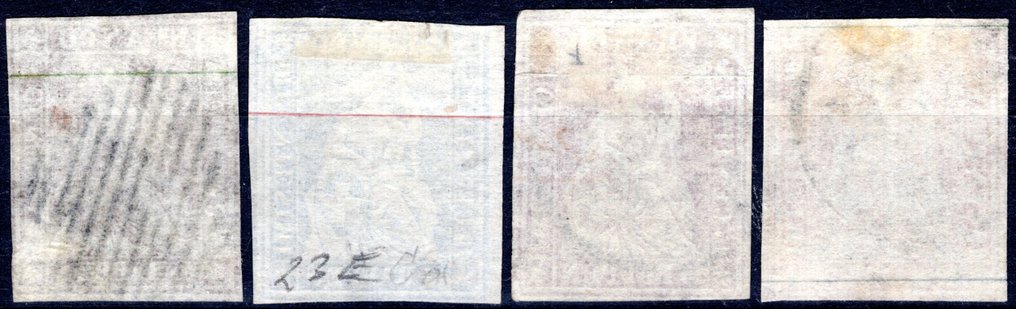 Suisse 1856/1857 - "Allégorie de l'Helvetia assise" - la série complète, utilisée avec plusieurs oblitérations, - Unificato n° 26e+27ea+28e+29e #2.1