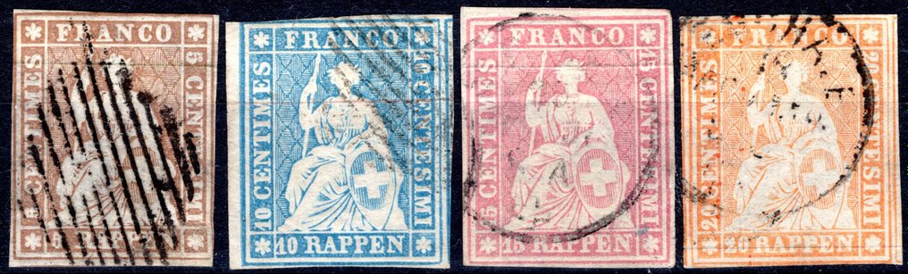 Suisse 1856/1857 - "Allégorie de l'Helvetia assise" - la série complète, utilisée avec plusieurs oblitérations, - Unificato n° 26e+27ea+28e+29e #1.1