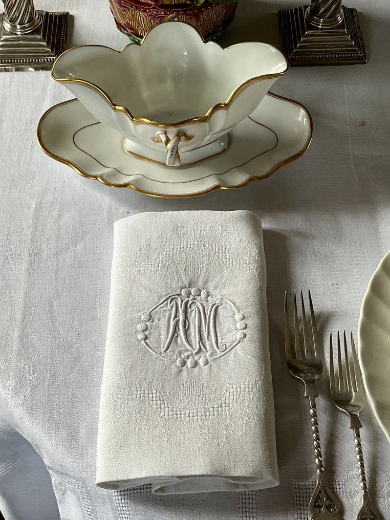 拿破仑帝国晚期 111 锦缎亚麻餐巾，带有首字母 A.M. - 纺织品 (5)  - 80 cm - 65 cm #3.1