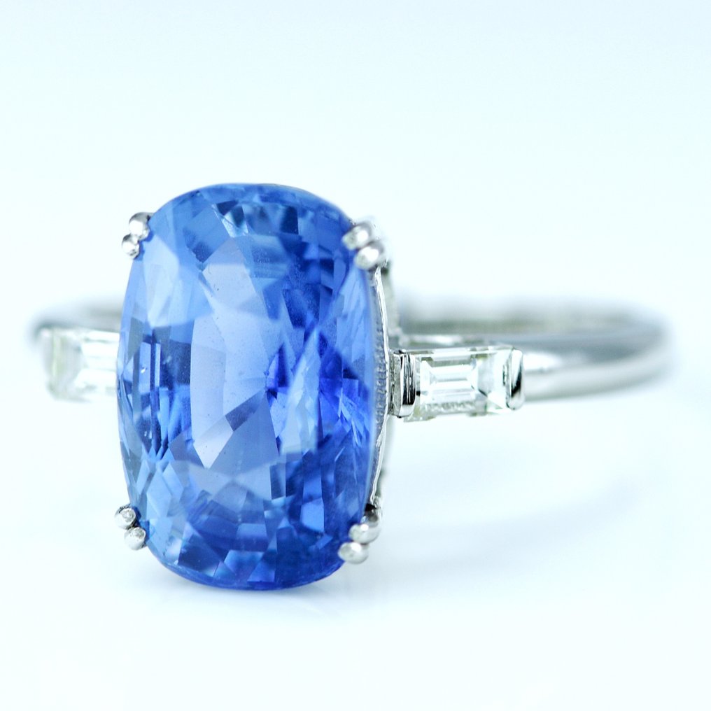 戒指 鉑金 -  6.28ct. tw. 藍寶石 - 鉆石 - 斯里蘭卡無熱藍寶石 #1.2