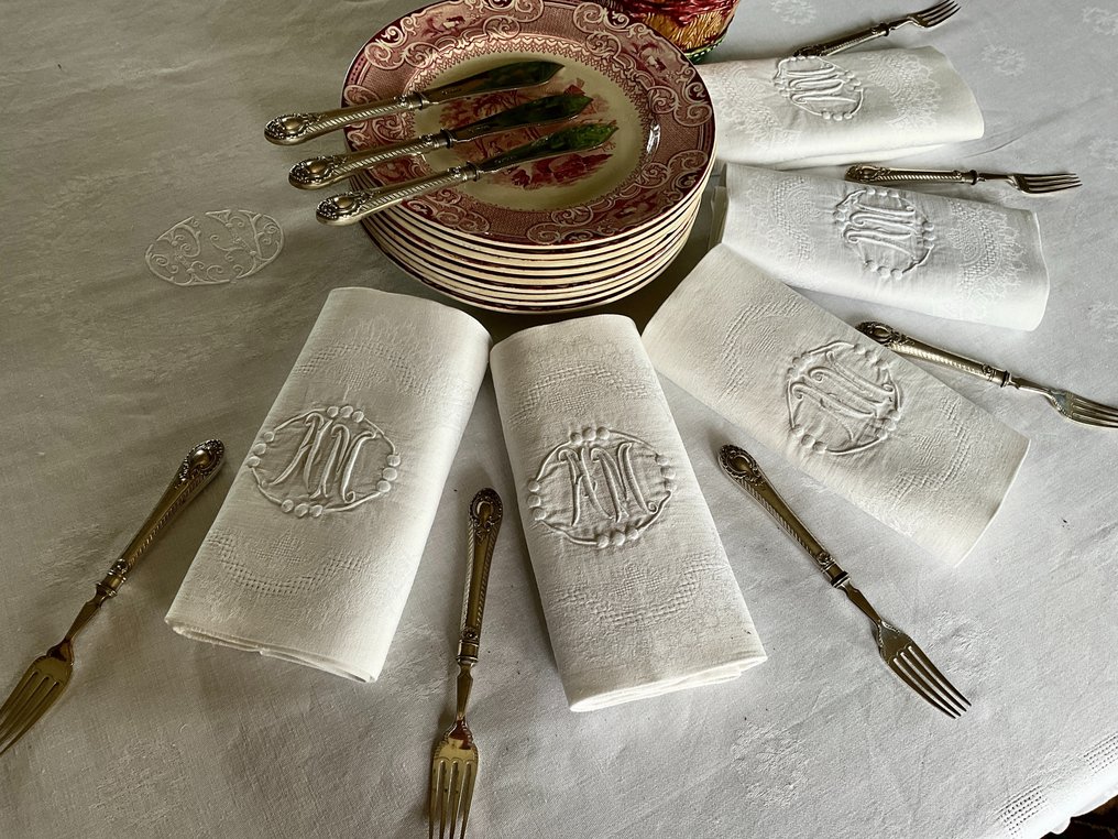 拿破仑帝国晚期 111 锦缎亚麻餐巾，带有首字母 A.M. - 纺织品 (5)  - 80 cm - 65 cm #1.2