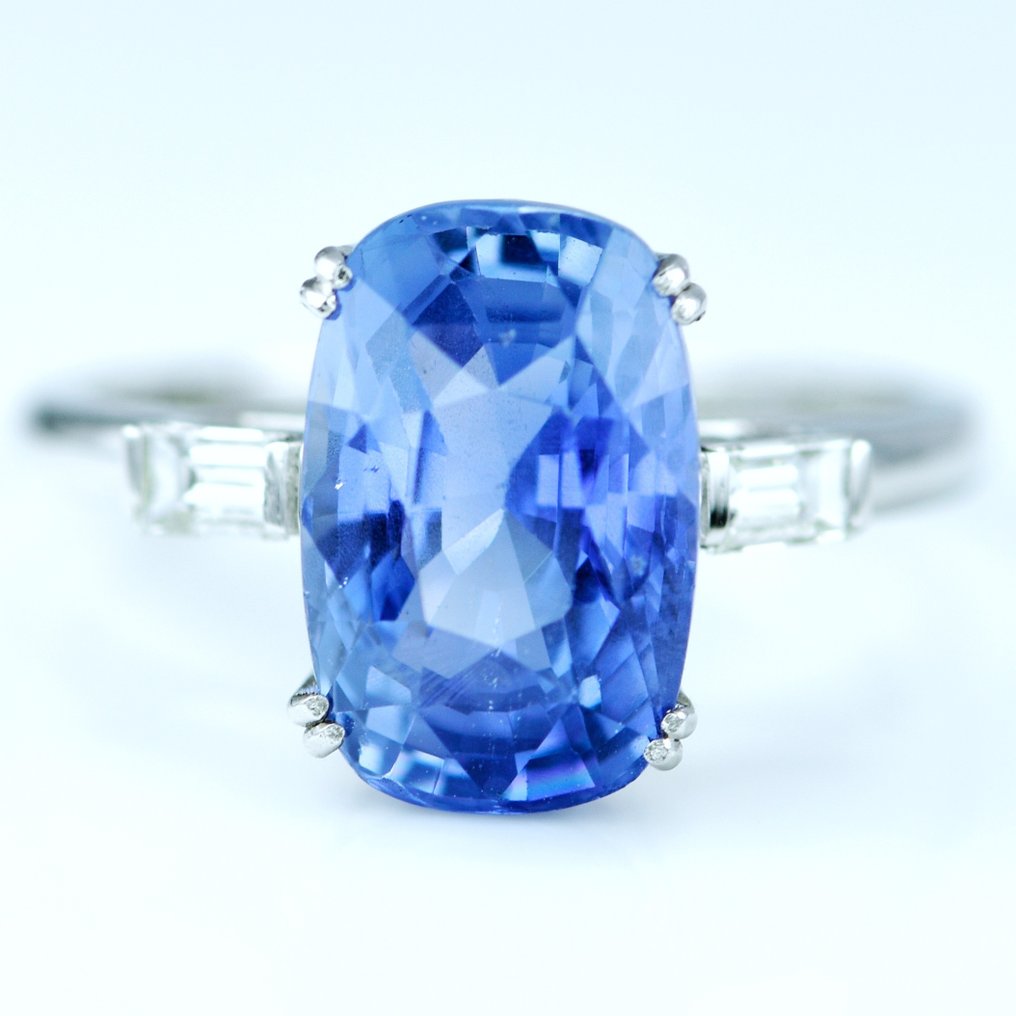 Ring Platina -  6.28ct. tw. Safir - Diamant - Ingen heatsapphire Sri Lanka #1.1