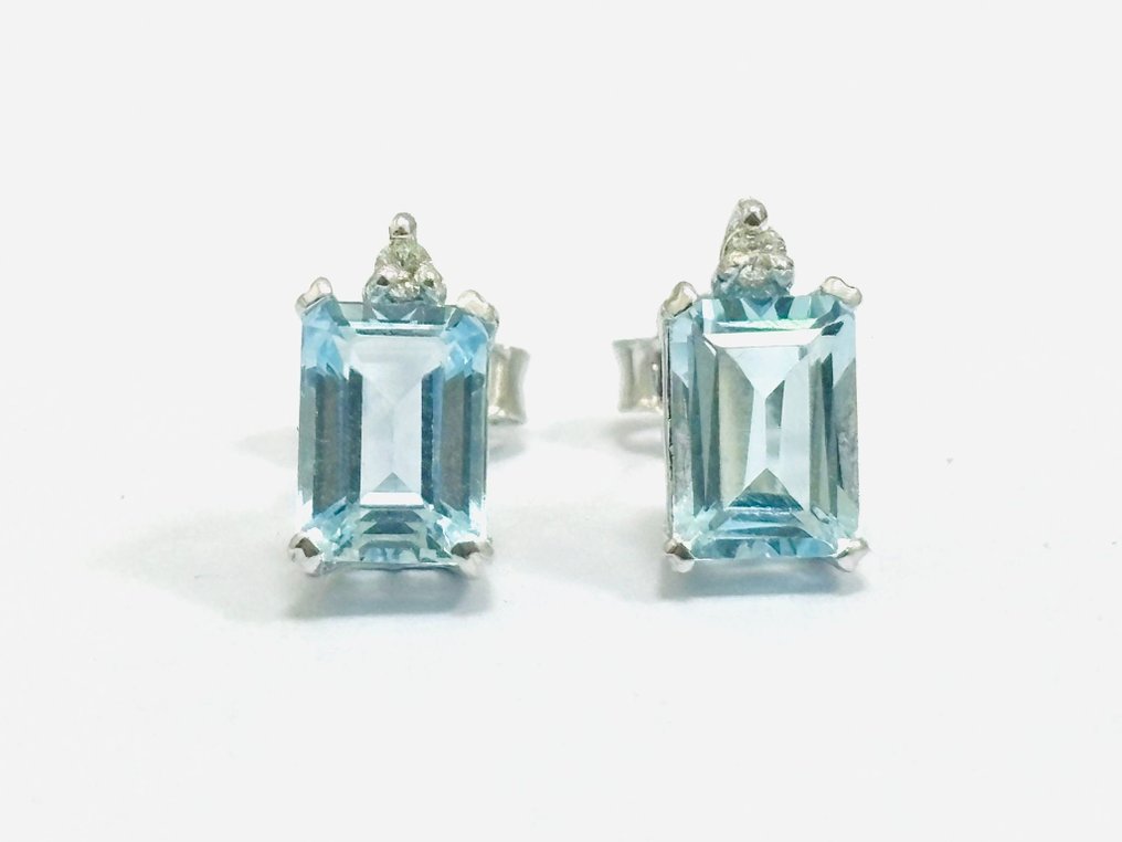 耳环 - 18K包金 白金 -  3.15 tw. 海蓝宝石 - 钻石 - 意大利制造 #1.1