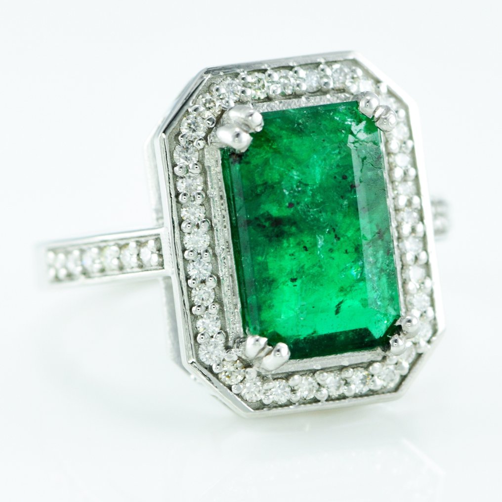 Anello Platino -  4.33ct. tw. Smeraldo - Diamante - Anello nuziale con smeraldo #2.1