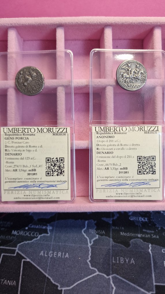 羅馬共和國. Lotto di 2 AR Denarii Anonimo (dopo 211 a.C.) & C. Porcius Cato, 123 BC #1.1