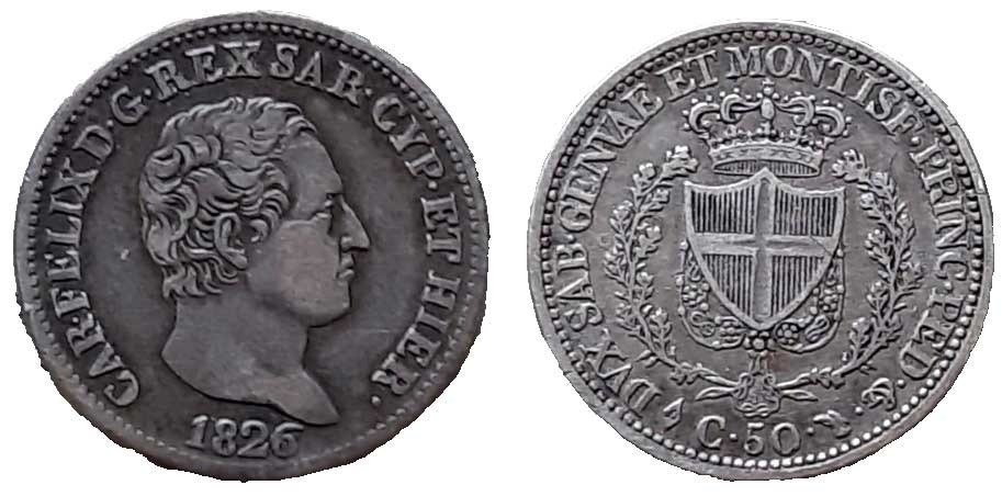 Italy, Kingdom of Sardinia. Carlo Felice di Savoia (1821-1831). 50 Centesimi 1826 - Torino #2.1