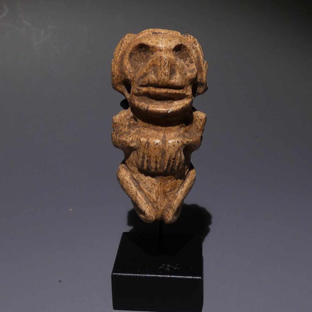 加勒比泰诺 骨 骷髅护身符。高 6.5 厘米。非常精美。公元 800 - 1400 年。西班牙进口许可证。 #1.2
