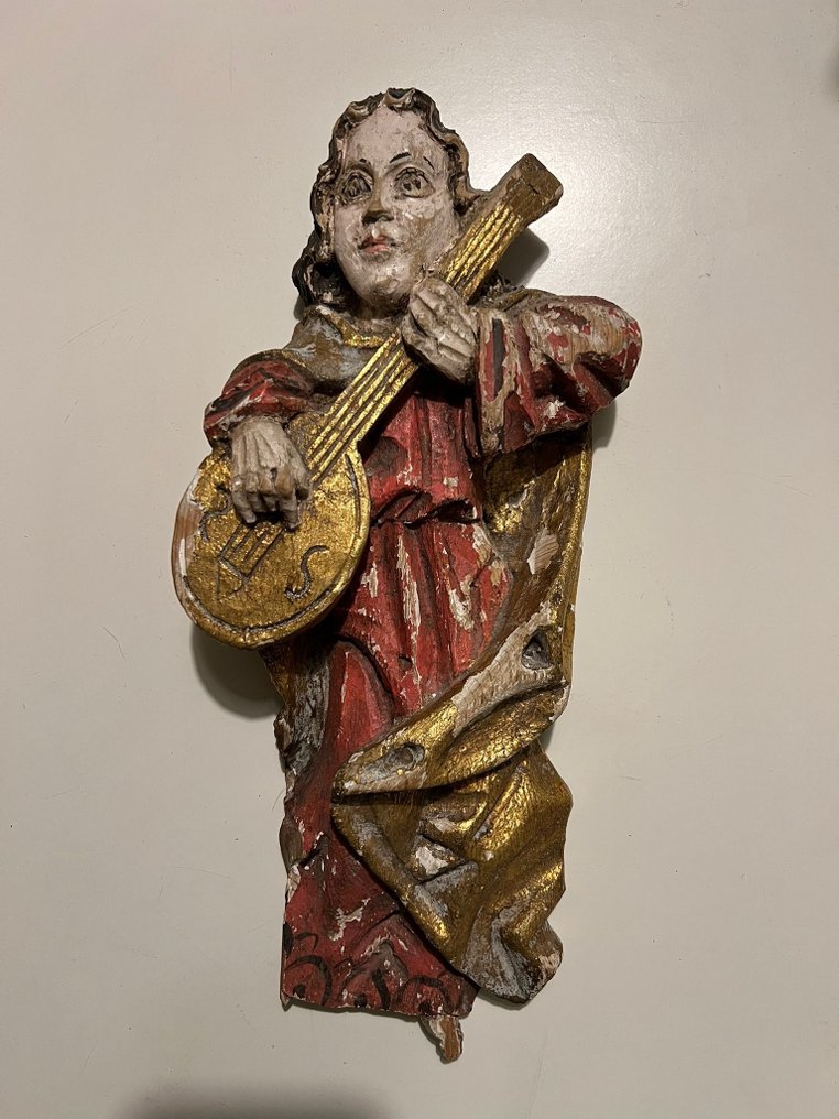 Figur - Gotischer Engel mit Saiteninstrument wohl Fragment , Reste polychrome Bemalungen - Holz #1.1