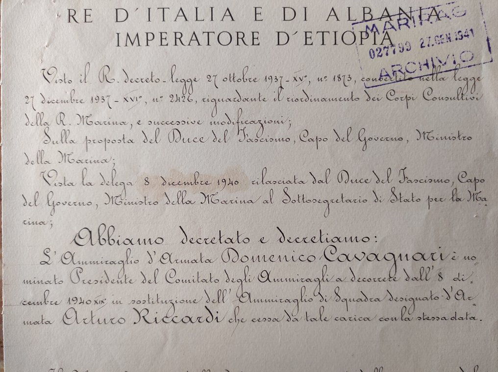 Document - Autografo Ammiraglio Riccardi e Re Vittorio Emanuele III - Nomina Ammiraglio Cavagnari - Primo - 1940 #3.1