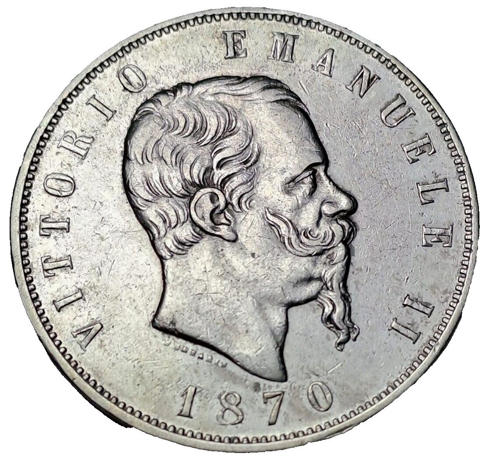 意大利， 意大利王国. 维托里奥·伊曼纽尔二世·迪·萨沃亚 （1861-1878）. 5 Lire 1870 - Roma #1.1