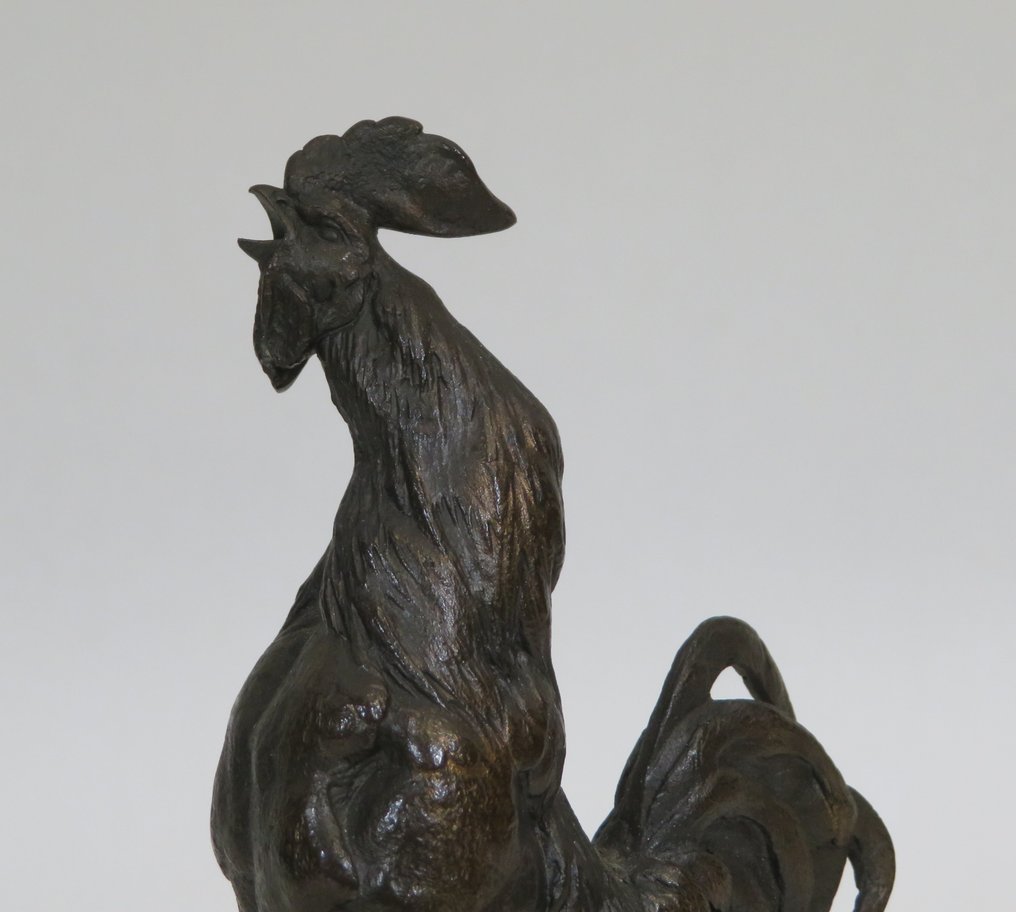 Auguste Nicolas Caïn (1821-1894) - Figurine - Kraaiende haan op mand - Bronze (patiniert) #2.1