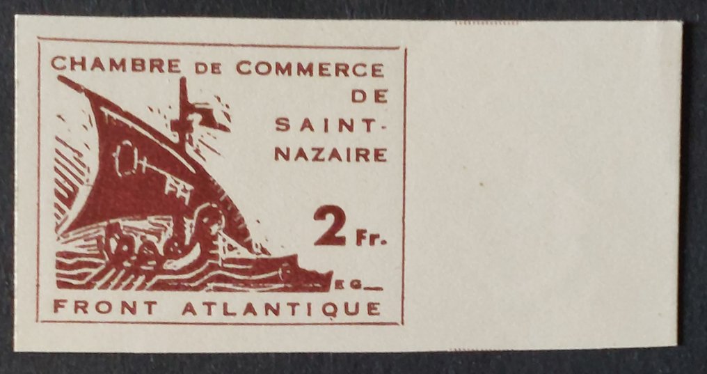 Frankrig 1945 - Yvert War stempel 9 - Commerce de Saint-Nazaire, 2 f. brun-lilas s. vert pâle, non dentelé #1.1