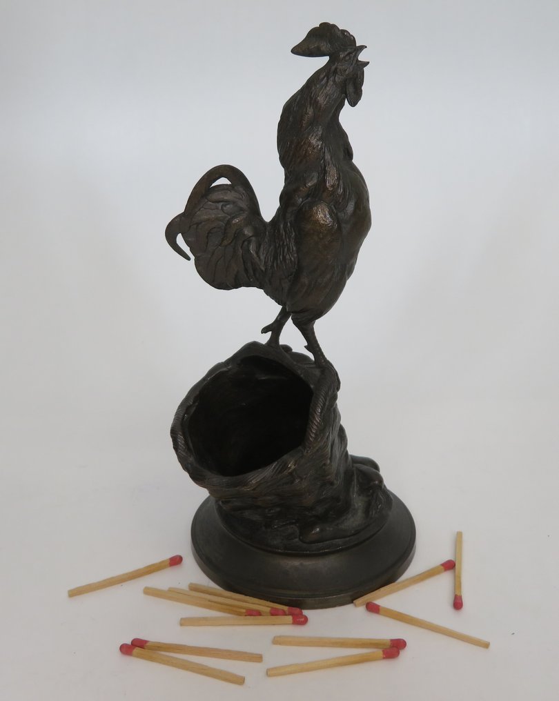 Auguste Nicolas Caïn (1821-1894) - Figurine - Kraaiende haan op mand - Bronze (patiniert) #1.2