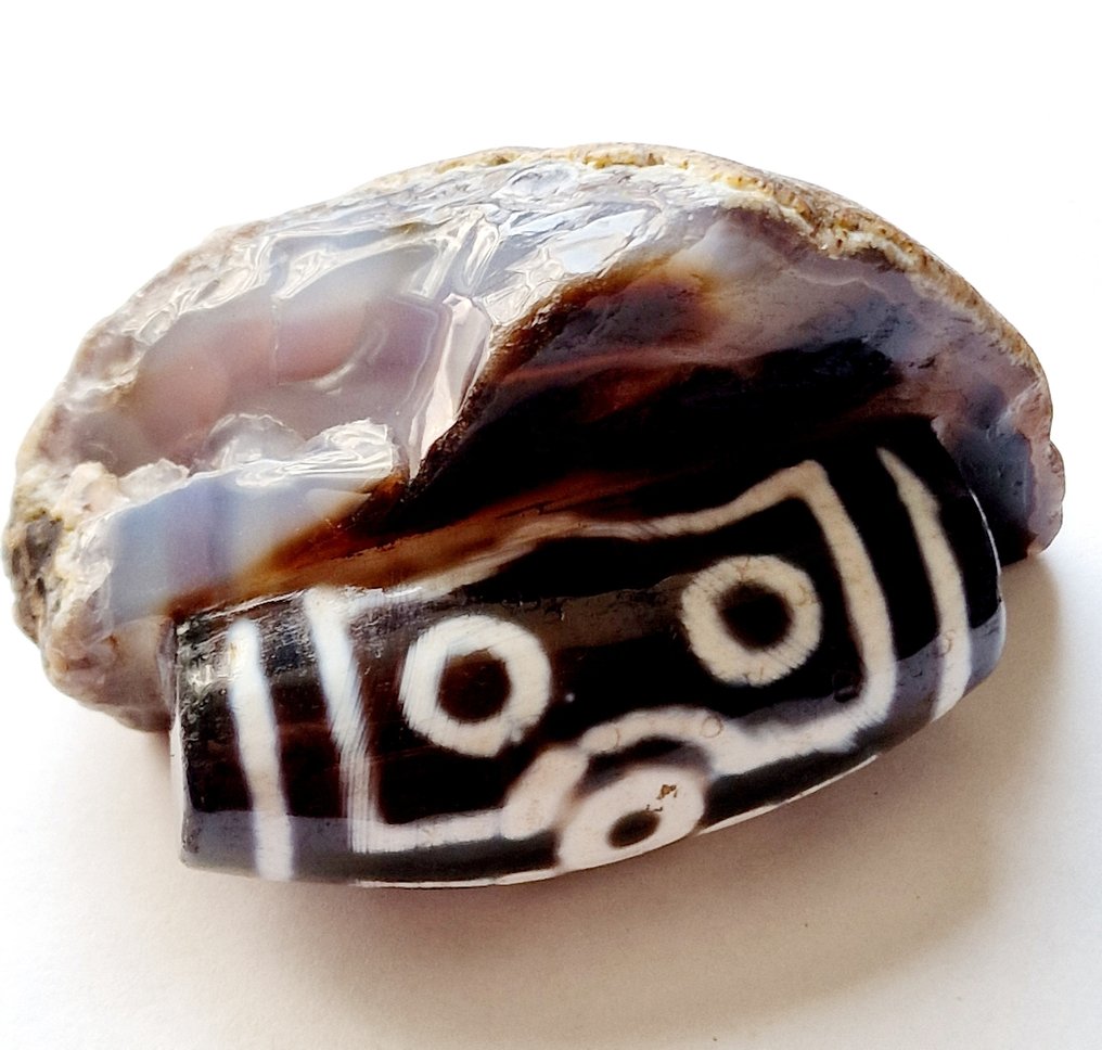 Altes Tibetisch-Nepalesisch Natürlicher gebänderter Achat Seltener XXL Perlen-Talisman mit Buddhaaugen - 95 mm #2.1
