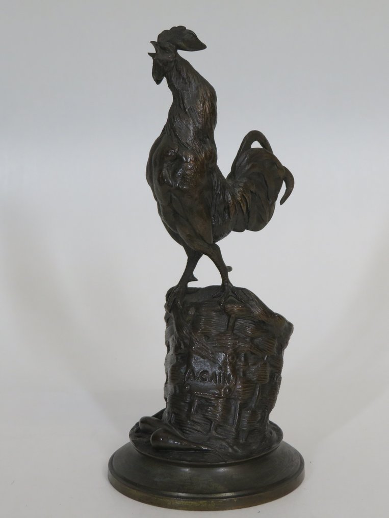 Auguste Nicolas Caïn (1821-1894) - Figurine - Kraaiende haan op mand - Bronze (patiniert) #1.1