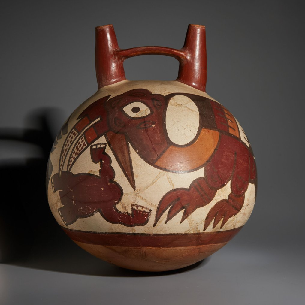 秘鲁纳斯卡 Terracotta 带马镫柄的碗。公元 100-800 年。高 19.2 厘米。西班牙进口许可证。 #1.1