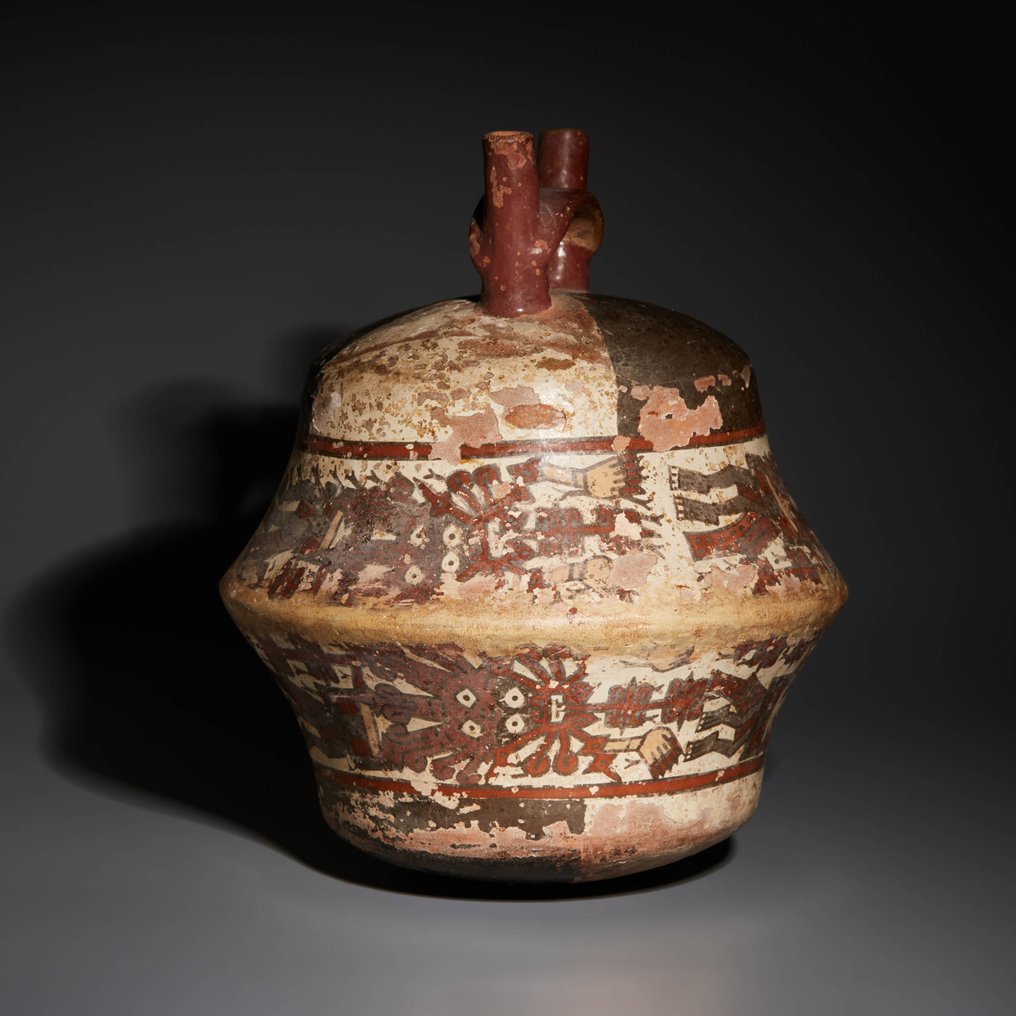 秘魯納斯卡 Terracotta 帶有雙馬鐙手柄的截錐形容器。西元 300-600 年。 17 公分高。西班牙進口許可證。 #1.2
