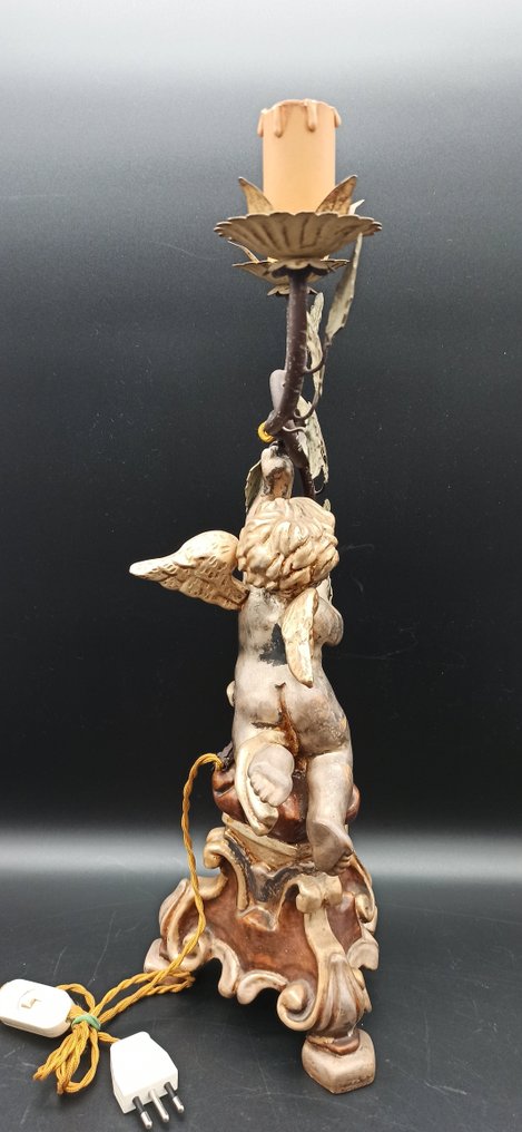 Bordlampe - Jern (smedet), Udskåret polykromt træ med forgyldning og forsølvning #2.1