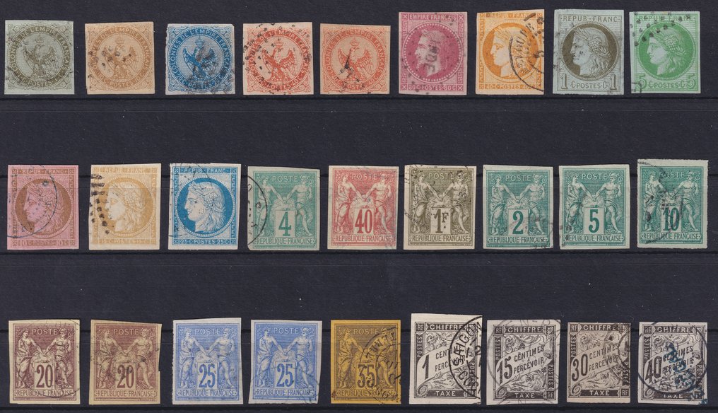 Ranska - siirtomaat (yleiset julkaisut) 1859/1877 - Paljon valittuja postimerkkejä Ranskan siirtokunnista, yleisnumeroita, peruutettu. Upea - Yvert #1.1