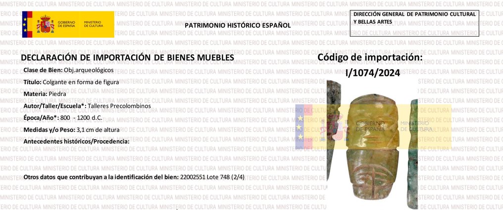 Mixteca,墨西哥 Jade 人形吊坠。公元800年至1200年。高3.1厘米。西班牙进口许可证。曾展出于New Trier博物馆。 #3.2