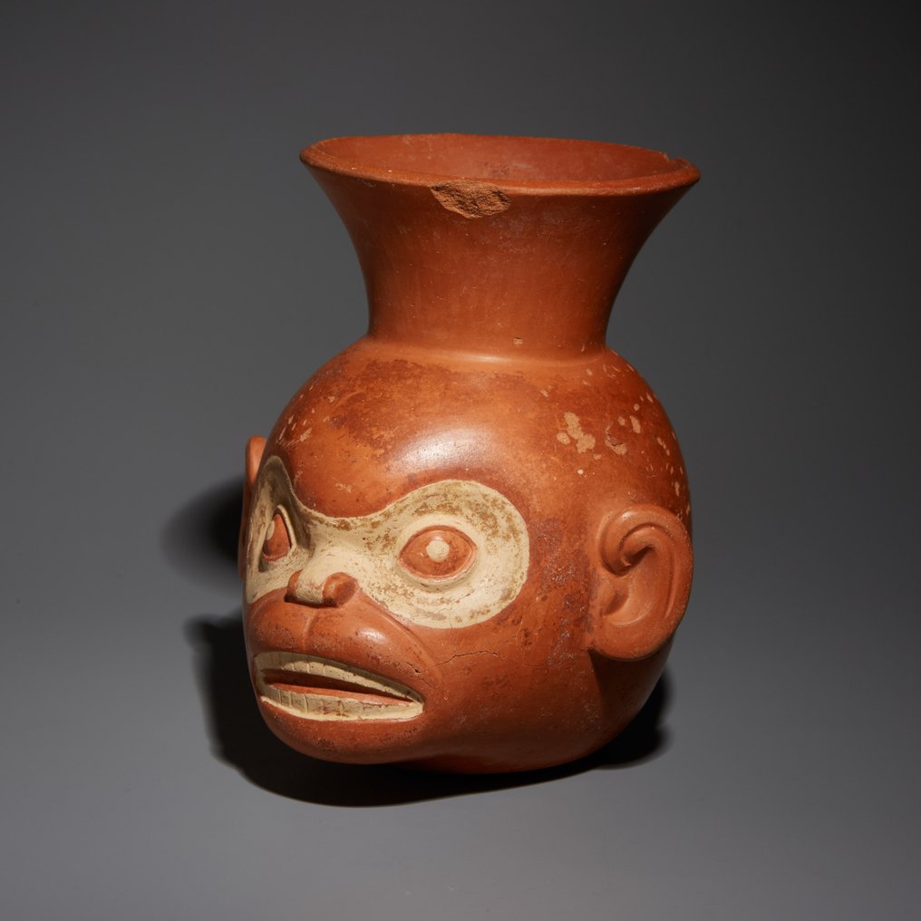 秘鲁莫切 Terracotta 猴头器皿。公元 450-700 年。高 12.1 厘米。西班牙进口许可证。 #1.2