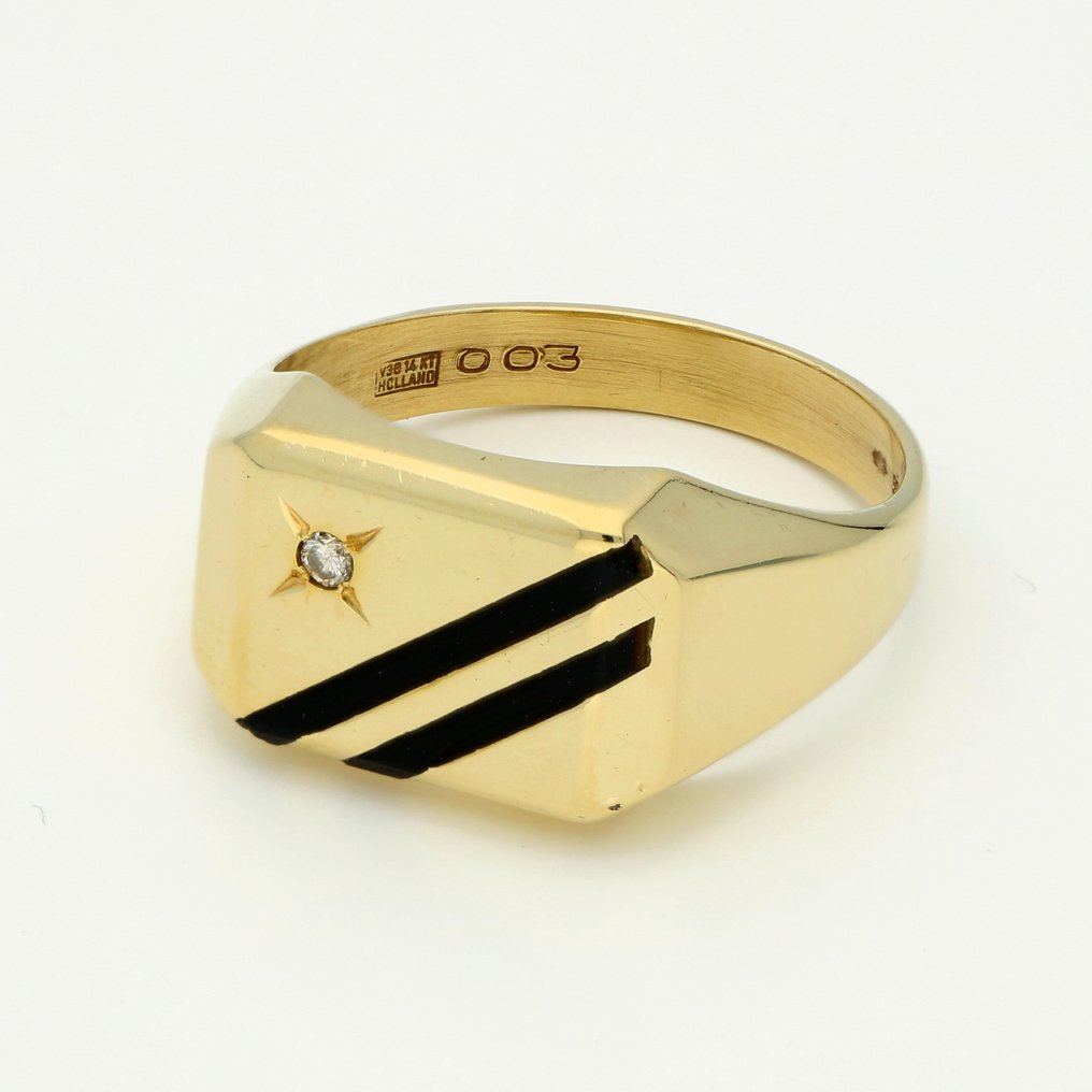 Ring - 14 karaat Geel goud -  0.02 tw. Diamant  (Natuurlijk) - Onyx  #1.1