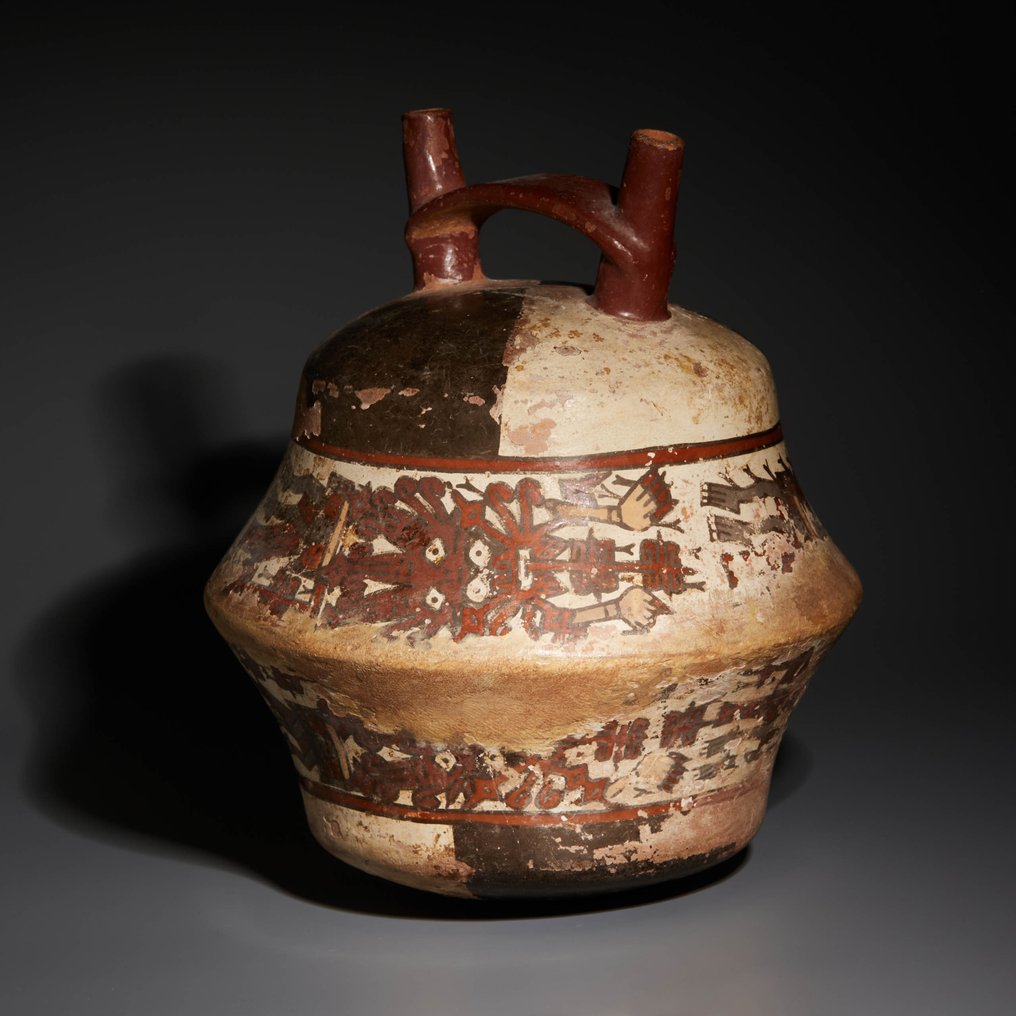 秘魯納斯卡 Terracotta 帶有雙馬鐙手柄的截錐形容器。西元 300-600 年。 17 公分高。西班牙進口許可證。 #2.1