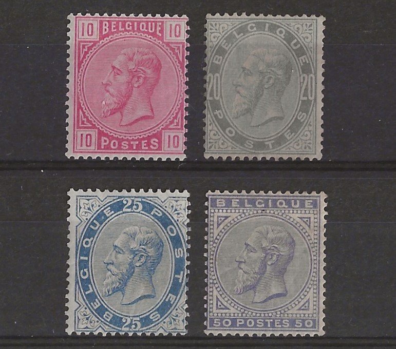 Belgique 1883 - série complète Léopold II Nouveaux types : 10c rose, 20c gris perle, 25c bleu clair, 50c violet - OBP/COB 38/41 #1.1