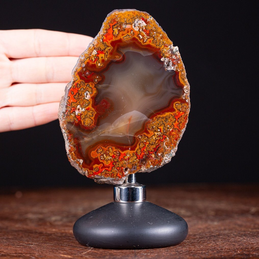 Morocco Agate Geode - Rare Red Moss Agate Fascinating Agate Nodule - Atlas Mountains - Wood and Steel Artistic Base - Height: 154 mm - Width: 87 mm- 478 g #1.1