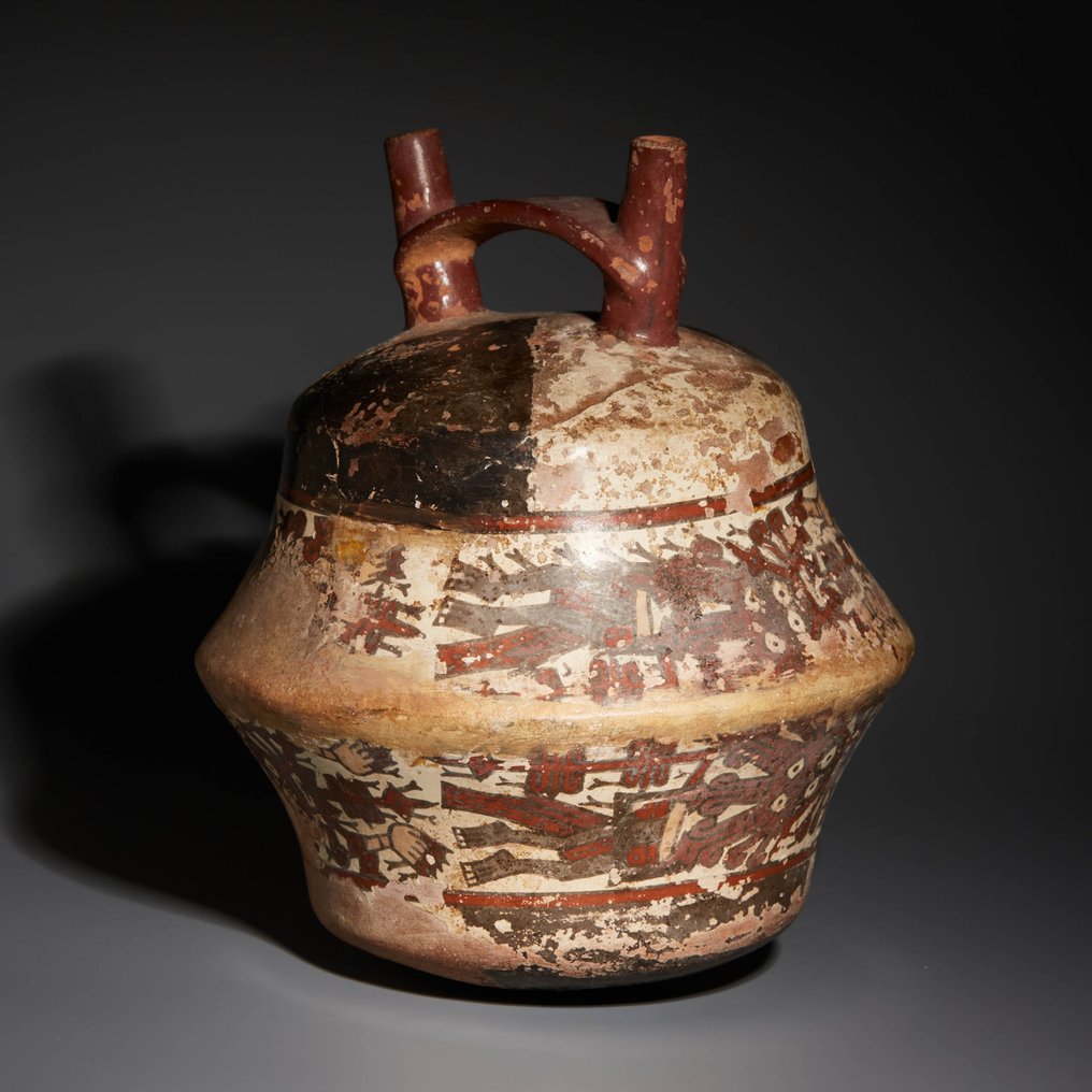 秘魯納斯卡 Terracotta 帶有雙馬鐙手柄的截錐形容器。西元 300-600 年。 17 公分高。西班牙進口許可證。 #1.1