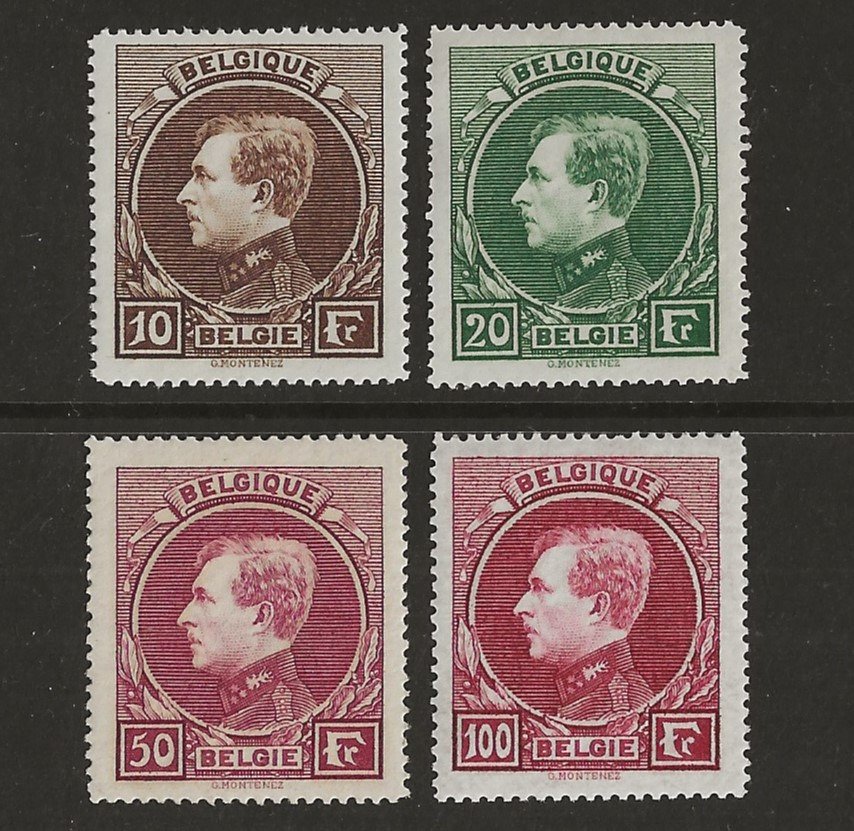 Bélgica 1929 - Albert I tipo Montenez - impressão parisiense 10F, 20F, 50F e 100F (t14½) - OBP/COB 289/292 #1.1