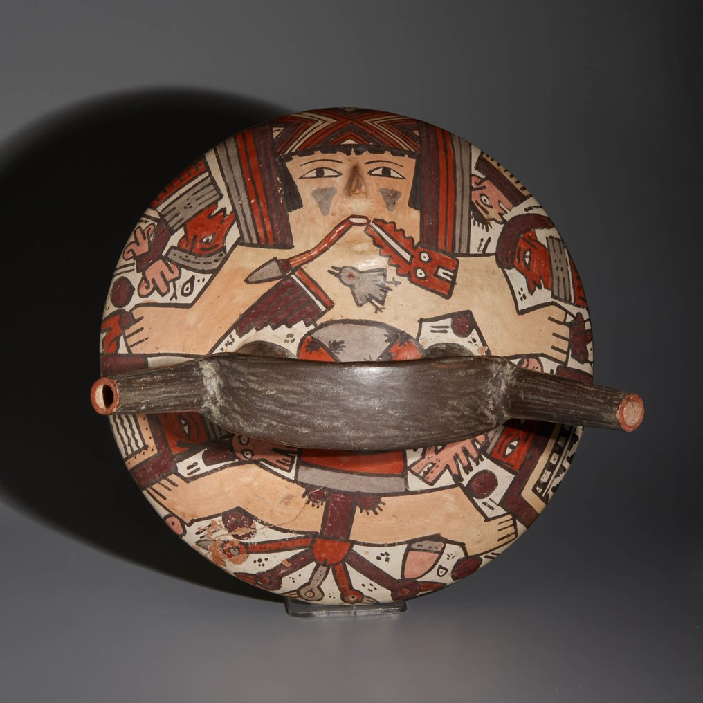 秘鲁纳斯卡 Terracotta 双嘴把手器皿，中央有男性形象。公元 300-600 年。15.3 厘米。 #1.1