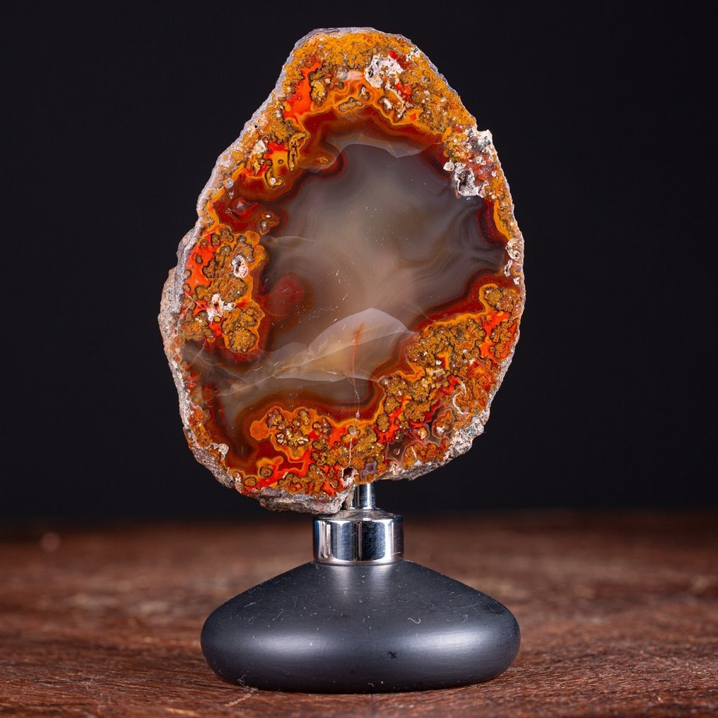 Morocco Agate Geode - Rare Red Moss Agate Fascinating Agate Nodule - Atlas Mountains - Wood and Steel Artistic Base - Height: 154 mm - Width: 87 mm- 478 g #1.2