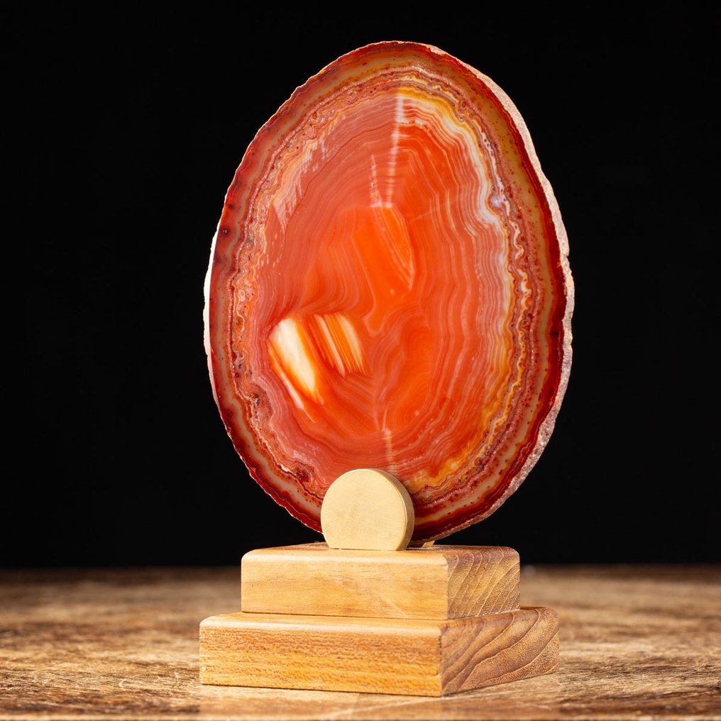 Premium Quality Agate - Carnelian Slice - Wood and Satiny Brass Base - Height: 196 mm - Width: 128 mm- 478 g #2.1