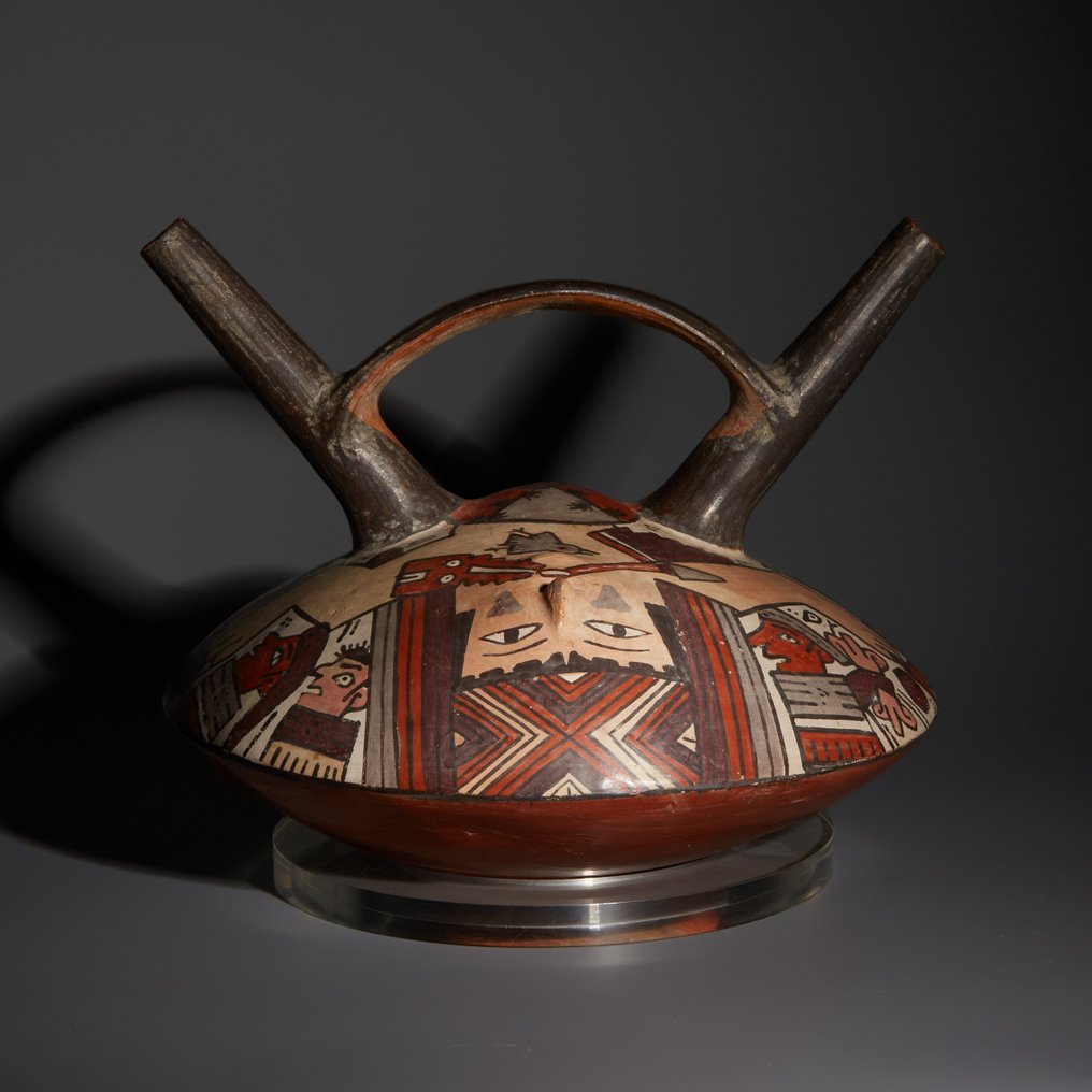 秘鲁纳斯卡 Terracotta 双嘴把手器皿，中央有男性形象。公元 300-600 年。15.3 厘米。 #1.2