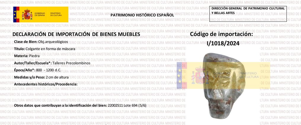 Mixteca,墨西哥 玉 面具形吊坠。公元800年至1200年。高2厘米。西班牙进口许可证。曾展出于新特里尔博物馆,1944年。 #3.2