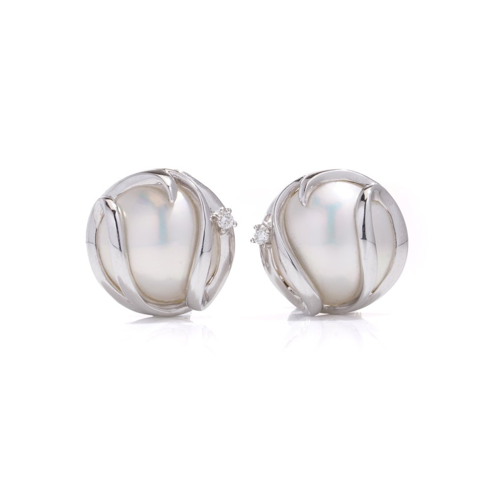 Earrings 14kt. white gold pair of Mabe pearl and diamond earrings  #1.1
