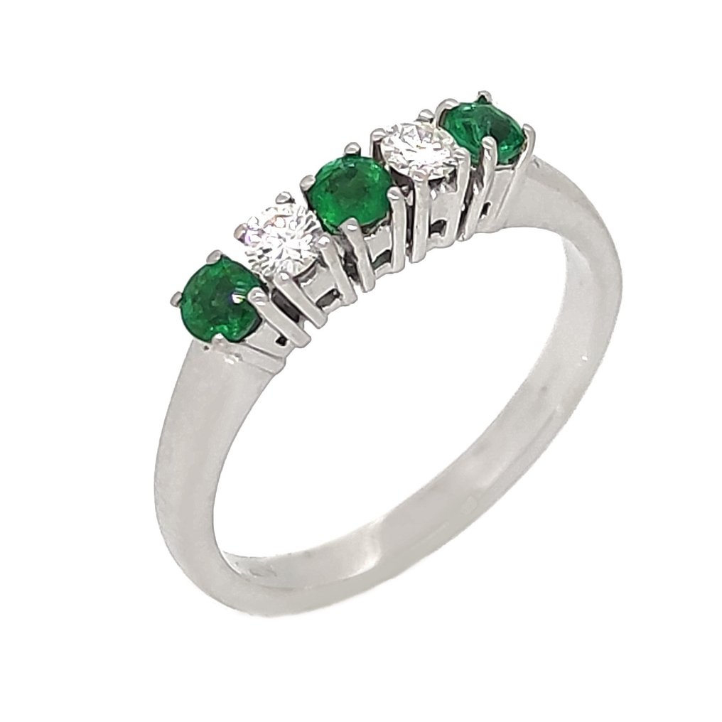 Anello - 18 carati Oro bianco -  0.20 tw. Diamante - Smeraldo  #1.2