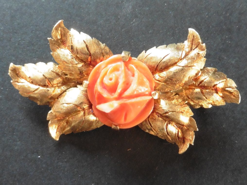 Brooch - 18 kt. Yellow gold, coral Coral #2.1