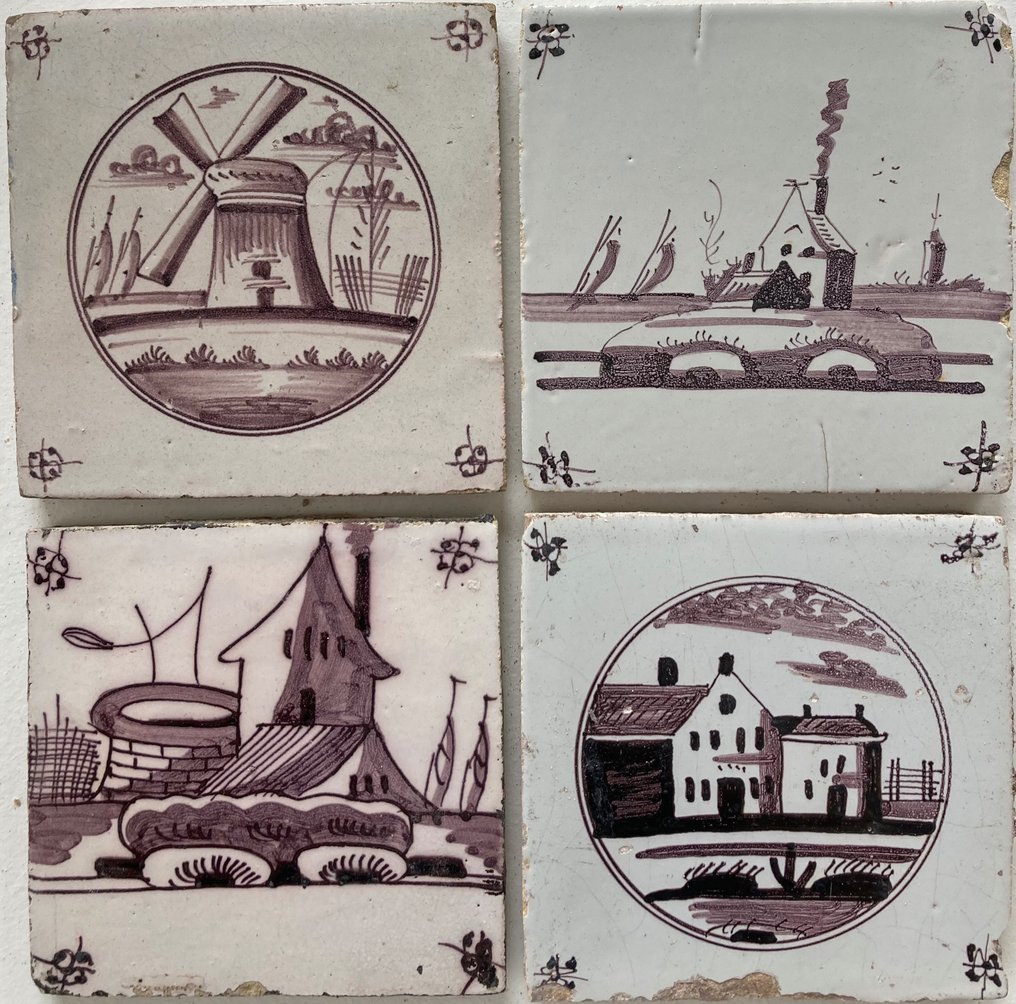  Flis - Antikke fliser som viser en vindmølle, gårder og slott - 1700-1750  #1.1