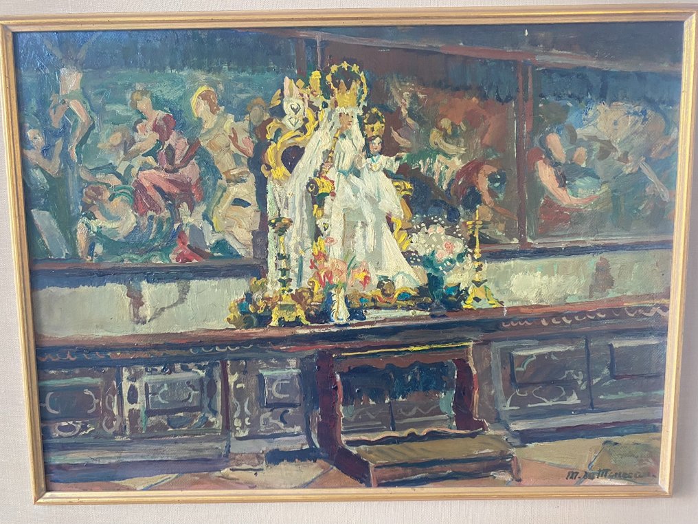 Mathilde du Monceau (1875-1952) - Intérieur d'église signé école Belge #2.2