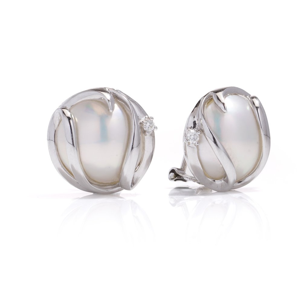 Earrings 14kt. white gold pair of Mabe pearl and diamond earrings  #1.2