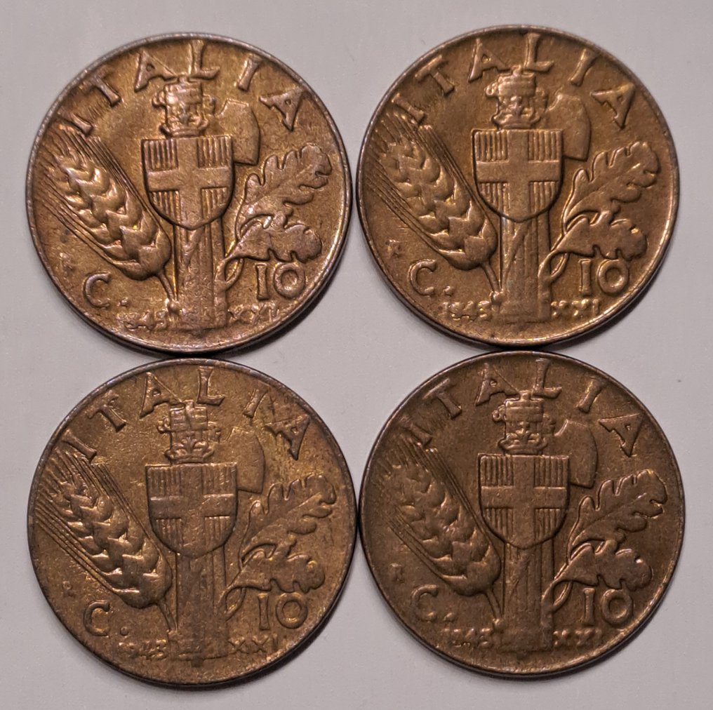 Olaszország - Nápolyi Királyság. Vittorio Emanuele III di Savoia (1900-1946). Lotto 4 monete con errori 10 Centesimi 1943 2° tipo bronzital  (Nincs minimálár) #1.1