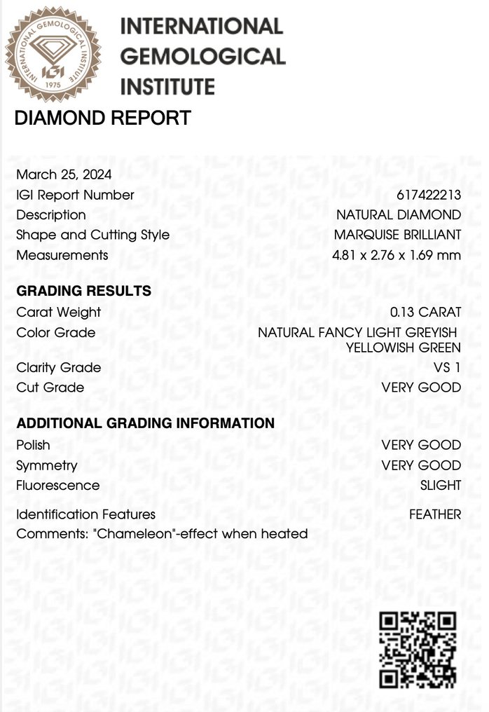 1 pcs 钻石 - 0.13 ct - 榄尖形 - Chameleon - 花浅偏灰偏黄绿 - VS1 轻微内含一级 #2.1
