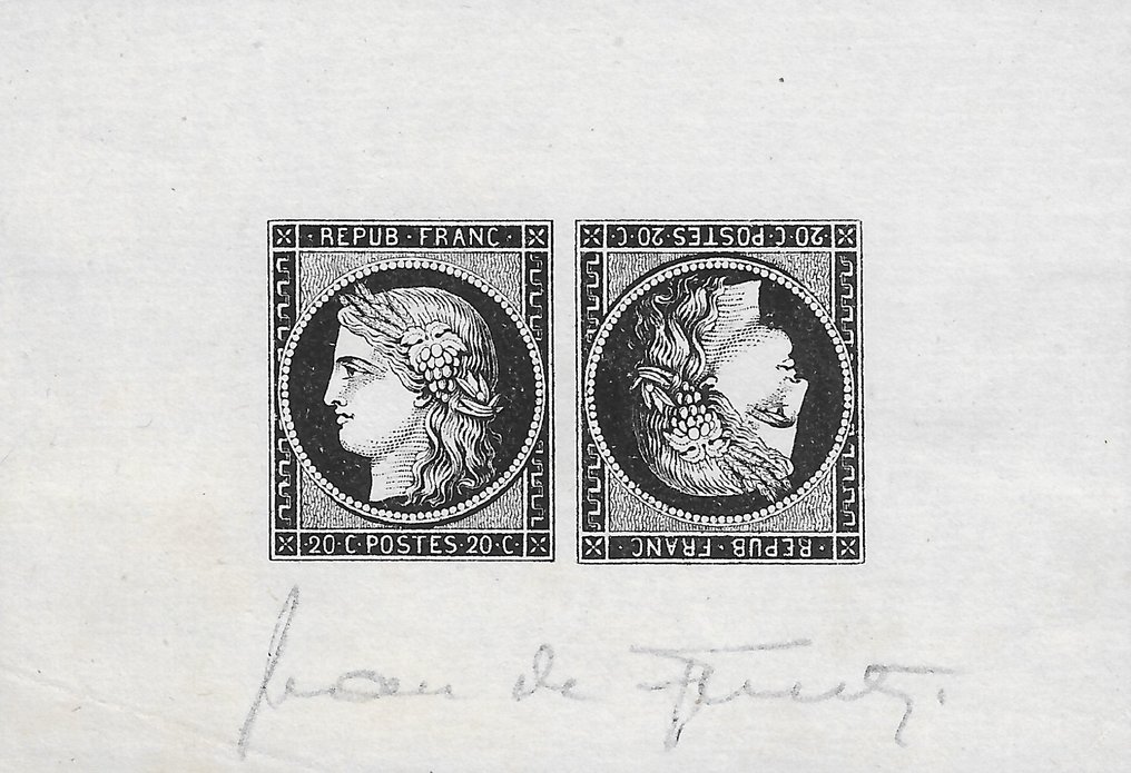 France 1849 - Very rare 20 centimes black head-to-tail fake from Sperati - Yvert et Tellier n°3d #1.1