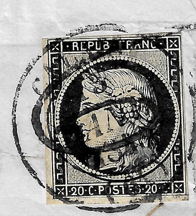 Francja 1849 - Unikatowe 20 centymów w kolorze czarnym ze zniesionym podatkiem 6 + T13 na fragmencie - Yvert et Tellier n°3b #2.1