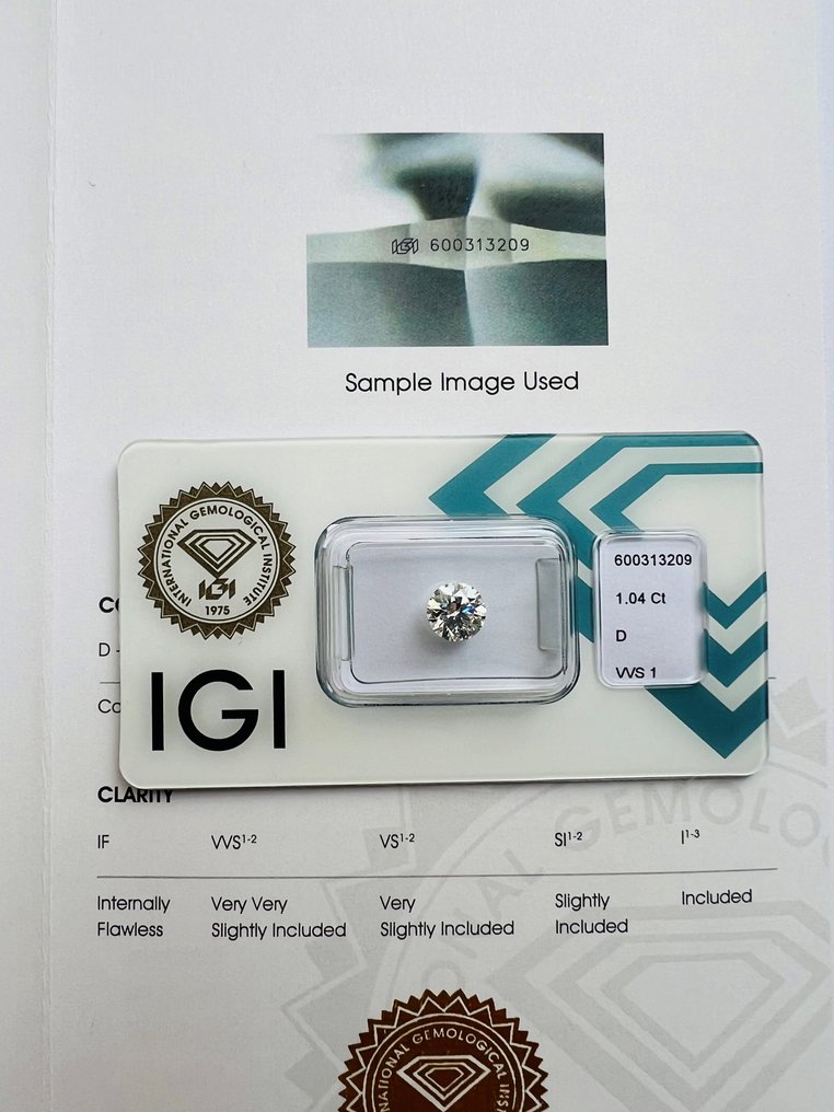 1 pcs Diamond  (Natural)  - 1.04 ct - D (colourless) - VVS1 - International Gemological Institute (IGI) - 3x Ideal Cut #2.1