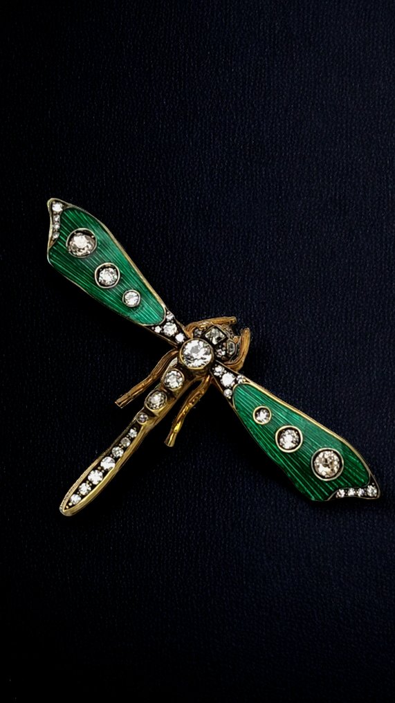 Pregadeira Magnífica libélula antiga com esmalte de ouro e joias de diamante, Rússia, por volta de 1900, Russe #1.2